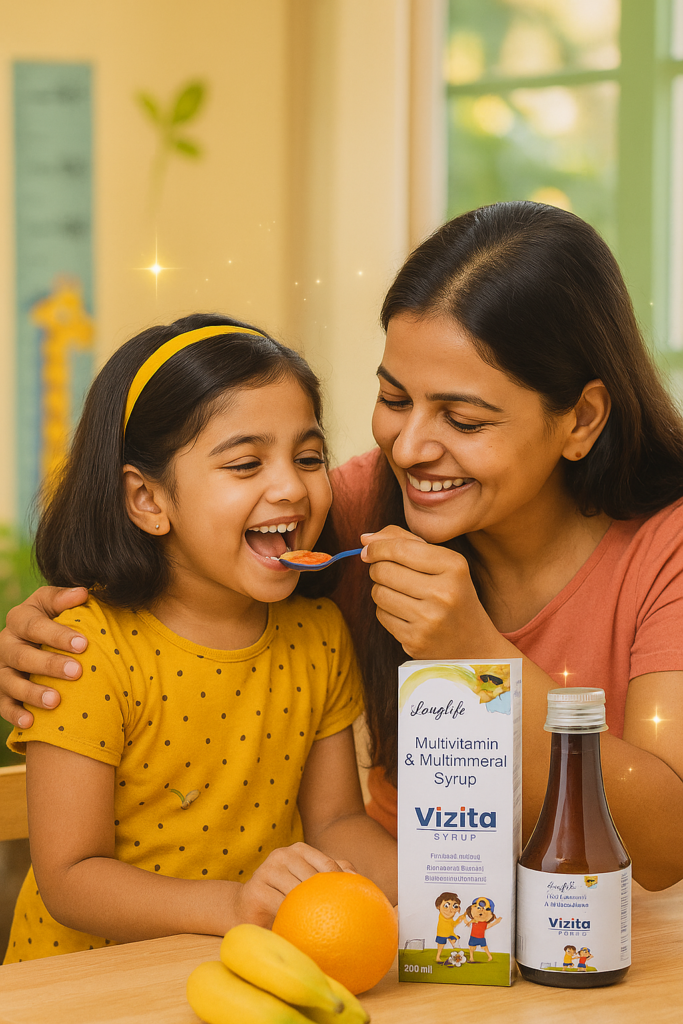 A happy Indian mother gives her smiling daughter a spoonful of ViZita Multivitamin & Multimineral Syrup, with the product packaging and bottle placed on the table in a bright, cheerful kitchen setting.