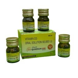 Longlife D3 Quadsun 60K Vitamin D3 oral solution pack with four 5 ml bottles.