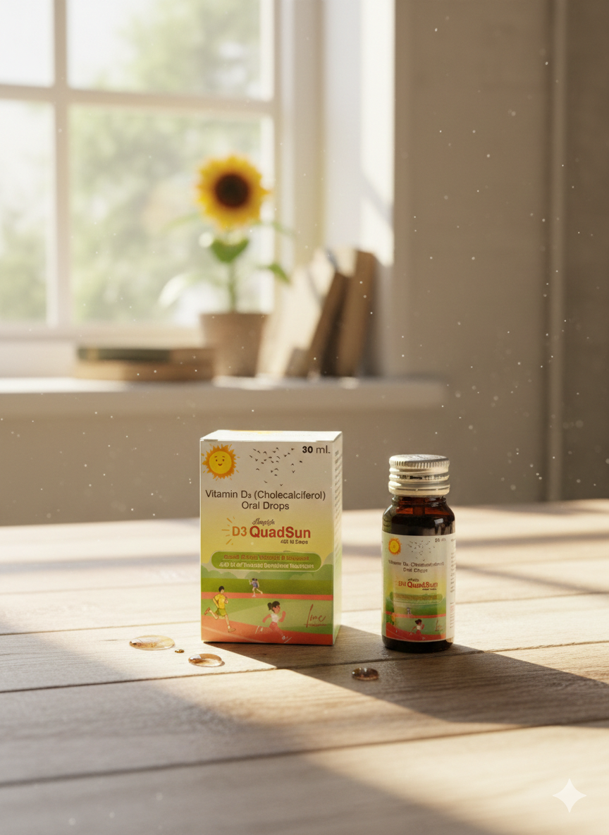 A 30 ml box and bottle of D3 QuadSun Vitamin D₃ (Cholecalciferol) oral drops by Longlife, displayed on a white background. The packaging features child-friendly illustrations, a sun icon, and highlights bone and immunity support for growing children.