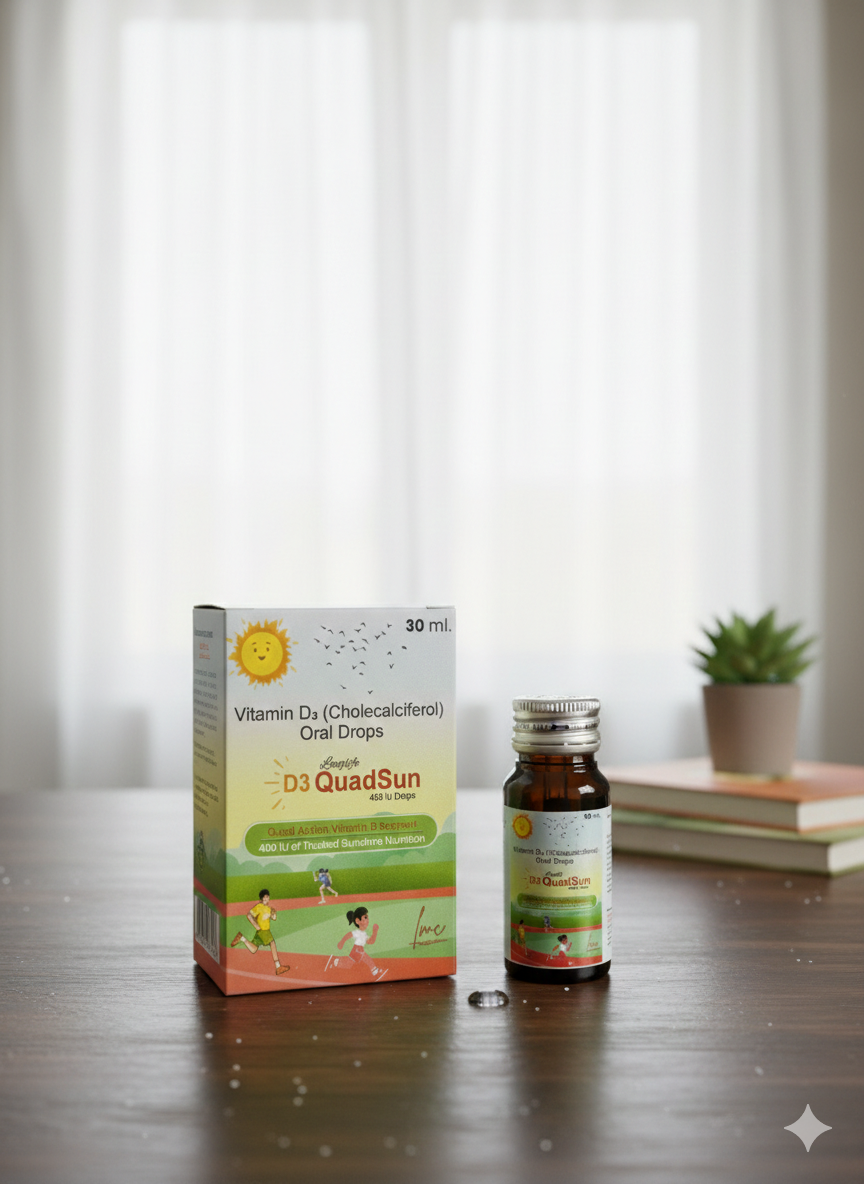 A 30 ml box and bottle of D3 QuadSun Vitamin D₃ (Cholecalciferol) oral drops by Longlife, displayed on a white background. The packaging features child-friendly illustrations, a sun icon, and highlights bone and immunity support for growing children.