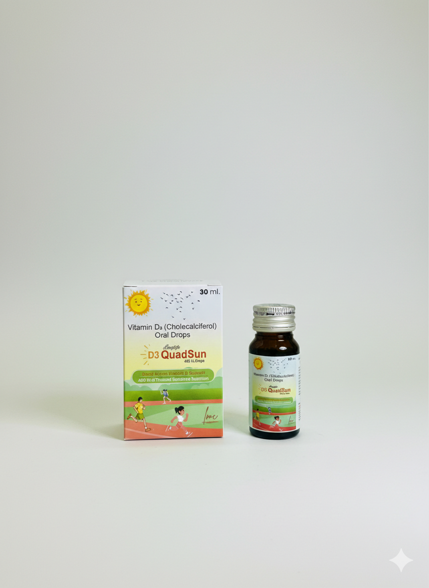 A 30 ml box and bottle of D3 QuadSun Vitamin D₃ (Cholecalciferol) oral drops by Longlife, displayed on a white background. The packaging features child-friendly illustrations, a sun icon, and highlights bone and immunity support for growing children.