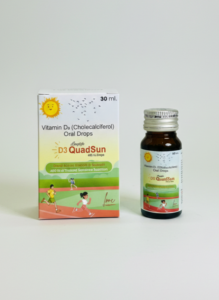 A 30 ml box and bottle of D3 QuadSun Vitamin D₃ (Cholecalciferol) oral drops by Longlife, displayed on a white background. The packaging features child-friendly illustrations, a sun icon, and highlights bone and immunity support for growing children.