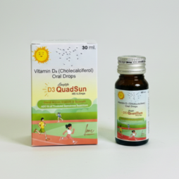 A 30 ml box and bottle of D3 QuadSun Vitamin D₃ (Cholecalciferol) oral drops by Longlife, displayed on a white background. The packaging features child-friendly illustrations, a sun icon, and highlights bone and immunity support for growing children.